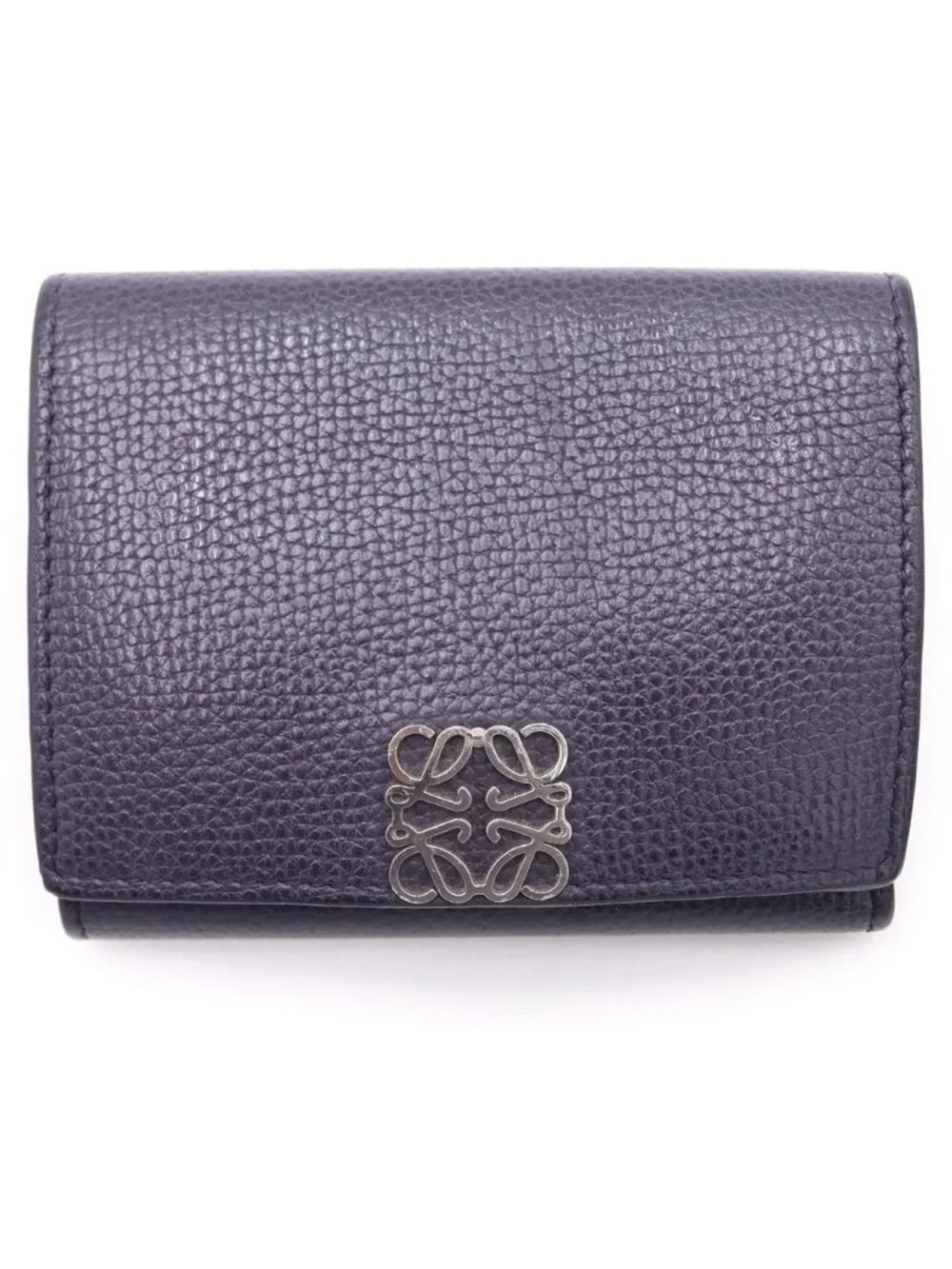 Loewe Anagram Trifold Wallet Compact Bifold Coin Case Purple Leather Silver